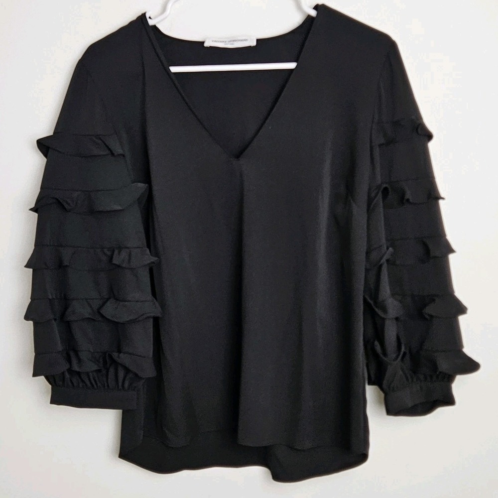 Amanda Uprichard Women's Blouse Size S Ruffle‎ 3/4 Sleeve V Neck Top Black